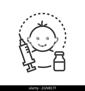 Children vaccination - vector line design single isolated icon on white background. High quality black pictogram. Child health is protected. Preventiv Stock Vector