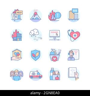 Disaster Relief - line design style icon set. Situations requiring immediate assistance. Earthquake, hurricane, wildfire, flood, winter storm. Volunte Stock Vector