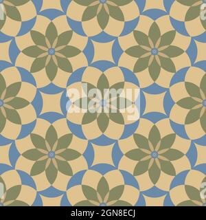 Medieval rose stylized seamless vector pattern background. Azulejo style backdrop with historical foil motifs in blue, sage green, beige. Oriental Stock Vector
