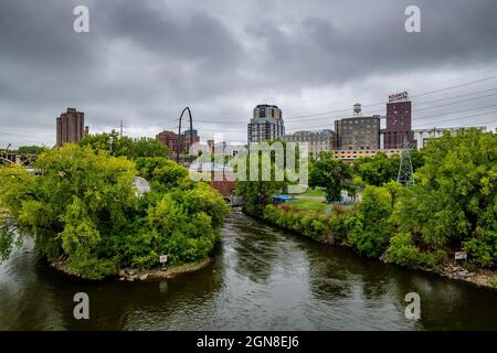 Mill Ruins Park and the Stone Arch Bridge Stock Photo