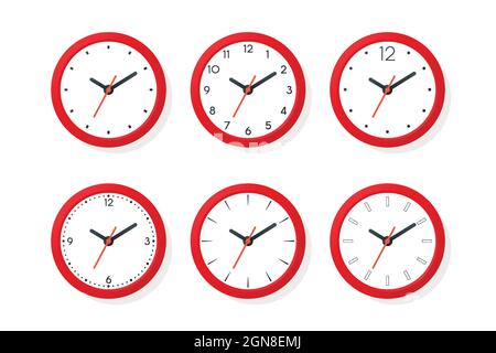 Flat Vector Red Wall Office Clock Icon Set Isolated. White Dial. Design Template of Wall Clock. Time, Business Concept. Top, Front View Stock Vector