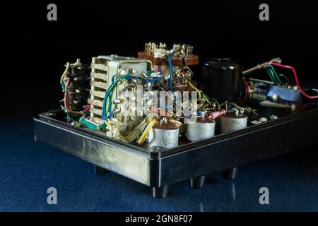 Radio components on the printed circuit board. Close-up photo. Top view Stock Photo