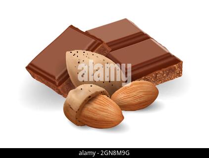 Broken chocolate bars with Almond nuts on white background, realistic vector illustration close-up Stock Vector