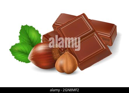 Broken chocolate bars with Hazelnuts on white background, realistic vector illustration close-up Stock Vector