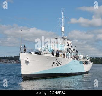 Halifax, Nova Scotia. The HMCS Sackville, Canada's oldest warship, out on special duty in the Halifax Harbour. A combat veteran of the Second World War, she is the last of Canada's 123 corvettes, one of many convoy escort vessels built  during the war. The ship was taken into duty today in assisting for a committal of ashes ceremony at sea Stock Photo