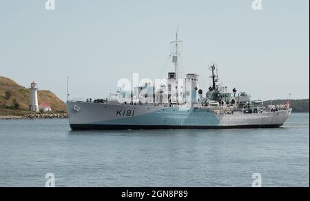 Halifax, Nova Scotia. The HMCS Sackville, Canada's oldest warship, out on special duty in the Halifax Harbour. A combat veteran of the Second World War, she is the last of Canada's 123 corvettes, one of many convoy escort vessels built  during the war. The ship was taken into duty today in assisting for a committal of ashes ceremony at sea Stock Photo