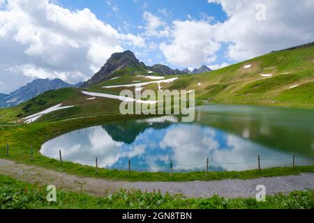 Scenic view of small reservoir in Kleinwalsertal valley during summer Stock Photo