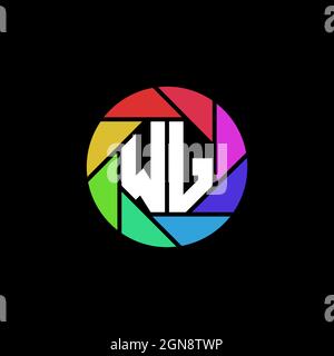 WJ Monogram Logo Letter Geometric Polygonal lens rainbow circle shape style Stock Vector