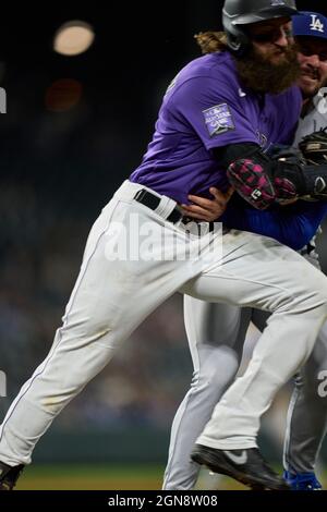 September 22 2021: Dodger pitcher Alex Vesia (51) fields the ball during  the game with Los Angeles Dodgers and Colorado Rockies held at Coors Field  in Denver Co. David Seelig/Cal Sport Medi(Credit