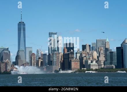 On Sept. 10, 2021, led by the Fireboat 343, a flotilla of boats commemorated the Boatlift that evacuated 500,000 people from Lower Manhattan on 9/11. Stock Photo