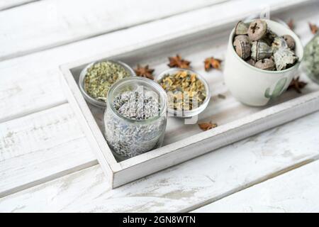 Lavender seed and other spices in serving tray Stock Photo