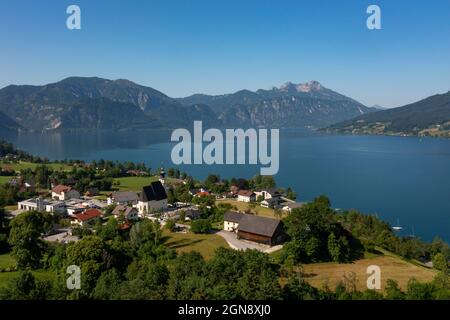Austria, Upper Austria, Steinbach am Attersee, Drone view of small town on shore of Lake Atter Stock Photo