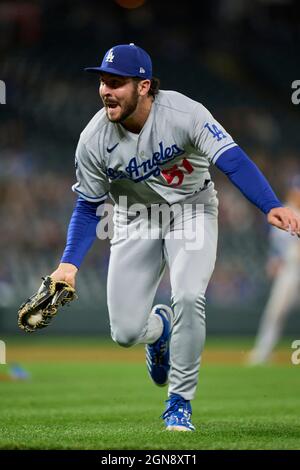 Denver CO, USA. 22nd Sep, 2021. Dodger pitcher Alex Vesia (51) fields the ball during the game with Los Angeles Dodgers and Colorado Rockies held at Coors Field in Denver Co. David Seelig/Cal Sport Medi. Credit: csm/Alamy Live News