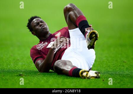 Turin, Italy. 23 September 2021. Wilfried Singo of Torino FC reacts during the Serie A football match between Torino FC v SS Lazio. Credit: Nicolò Campo/Alamy Live News Stock Photo