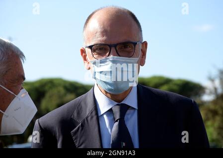 Rome, Italy. 23rd Sep, 2021. The secretary of Democratic Party Enrico Letta, wearing a facemask, arrives at the Confindustria annual conference, at the Palazzo dello Sport.Confindustria, is the Italian employers' federation and national chamber of commerce (Photo by Vincenzo Nuzzolese/SOPA Images/Sipa USA) Credit: Sipa USA/Alamy Live News Stock Photo