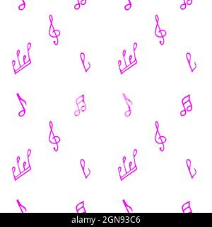 White background with pink notes and treble clef. Pattern for wrapping paper.  Stock Vector