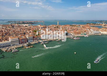 Italy, Veneto, Venice, Aerial view of Riva degli Schiavoni waterfront Stock Photo