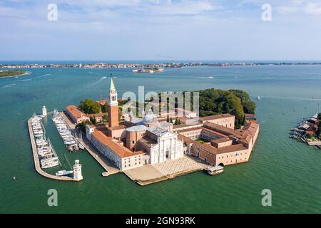 Italy, Veneto, Venice, Aerial view of San Giorgio Maggiore church in summer Stock Photo