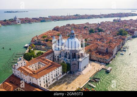 Italy, Veneto, Venice, Aerial view of Grand Canal and Santa Maria Della Salute basilica