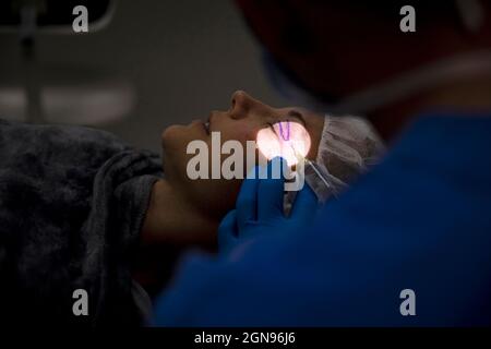 Surgeon process of blepharoplasty surgery.Apply anesthesia in eyelid Stock Photo