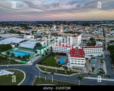 Mexico, Campeche, San Francisco de Campeche, Aerial view of historical city at dusk Stock Photo