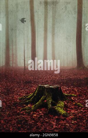 Tree stump in misty autumn forest Stock Photo