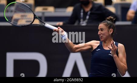 Ostrava, Czech Republic. 23rd Sep, 2021. Sara Sorribes Torm of Spain returns a shot to Belinda Bencic of Switzerland during the J&T Banka Ostrava Open 2021 women's WTA indoor tennis tournament in Ostrava, Czech Republic, September 23, 2021. Credit: Jaroslav Ozana/CTK Photo/Alamy Live News Stock Photo