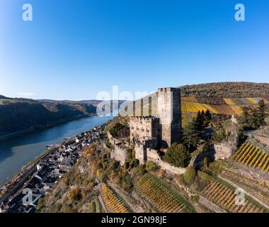 Germany, Rhineland-Palatinate, Kaub, Helicopter view of Gutenfels Castle overlooking town below Stock Photo