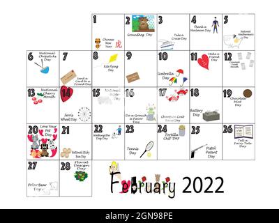 February 2022 Illustrated Monthly Calendar Of Quirky Holidays And Unusual Celebrations In Colorful Graphics On White Stock Photo - Alamy