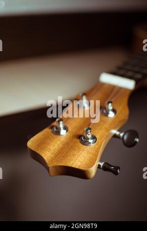 Wooden ukulele neck on the shelf close-up, blurred background Stock Photo
