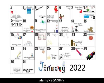 January 2022 Illustrated Monthly Calendar Of Quirky Holidays And Unusual Celebrations In Colorful Graphics On White Stock Photo - Alamy