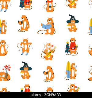 Vector seamless pattern with cartoon tigers. New Year 2022. Chinese horoscope. Merry Christmas. Background endless texture template. Seasons winter Stock Vector