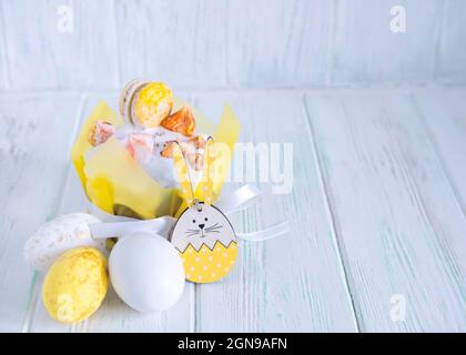 Easter cake beautifully decorated with icing, Easter eggs, rabbit. Easter composition Stock Photo