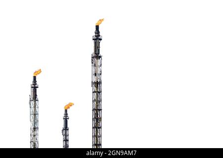 Three different oil and gas torches of oil refining equipment isolated on a white background. Stock Photo