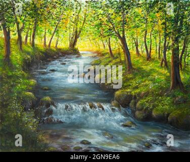 Original  oil painting of beautifl spring landscape, forest  and river  on canvas.Modern Impressionism, modernism,marinism Stock Photo