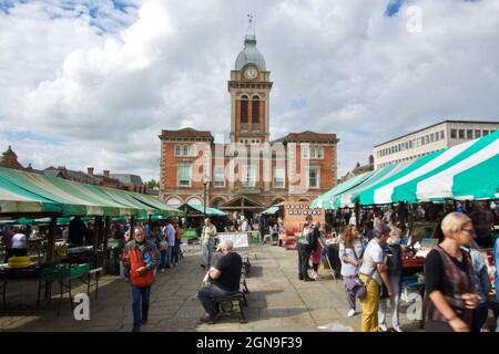 Chesterfield market in the town centre outside the Market hall Chesterfield Derbyshire England UK. The famous historic market of Chesterfield. Stock Photo