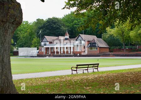 Cricket Pavilion at Queens Park, Queen's Park is a county cricket ground in Chesterfield, Derbyshire. Photo captured in September 2021 Stock Photo