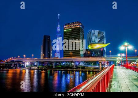 03-20-2015 .Tokyo. Panorama with Asahi beer hall - It was designed by French designer Philippe Starck and was completed in 1989. Tokyo Sky tree tower Stock Photo