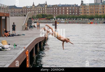 Recreational facility in Copenhagen Harbour, Bølgen afslapningsanlæg, jetties with bathing areas, fitness facilities, open air gym, kayak rental, at S Stock Photo