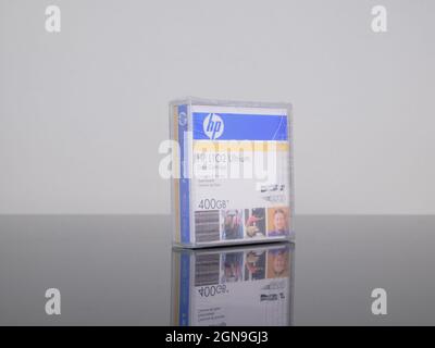 Single isolated unopened LTO magnetic tape used to data backup or archiving. Stock Photo