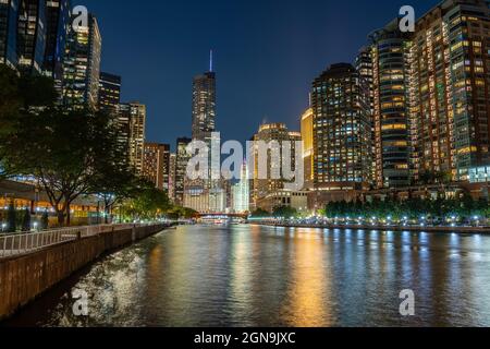 The Chicago Riverwalk at Night Stock Photo