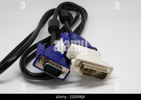 VGA cable attached with a DVI converter. Extension with DVI Stock Photo