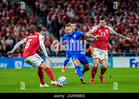 Copenhagen, Denmark. 07th, September 2021. Dan Leon Glazer (3) of Israel and Pierre-Emile Hojbjerg (23) of Denmark seen during the UEFA World Cup qualifier between Denmark and Israel at Parken in Copenhagen. (Photo credit: Gonzales Photo - Robert Hendel). Stock Photo