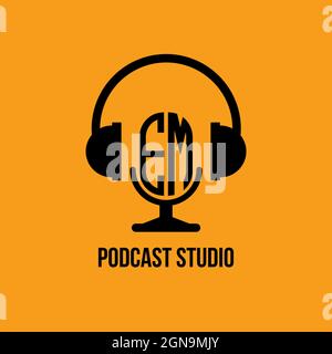 EM Monogram Logo Letter Headphone and Microphone shape style vector, Podcast Studio Logo Stock Vector