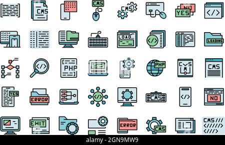 Cms development icons set outline vector. Data code. Design application Stock Vector