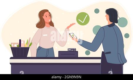 Characters using mobile payment system with scan qr code. Vector illustration Stock Vector
