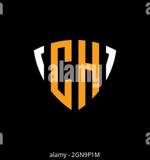 CH logo with shield white orange shape design template isolated on black background Stock Vector