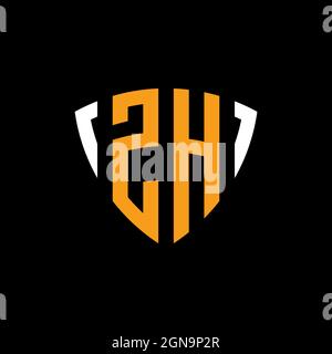 ZH logo with shield white orange shape design template isolated on black background Stock Vector
