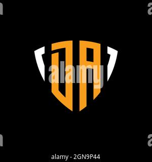DA logo with shield white orange shape design template isolated on black background Stock Vector