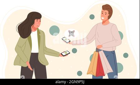 Characters using mobile payment system with scan qr code. Vector illustration Stock Vector